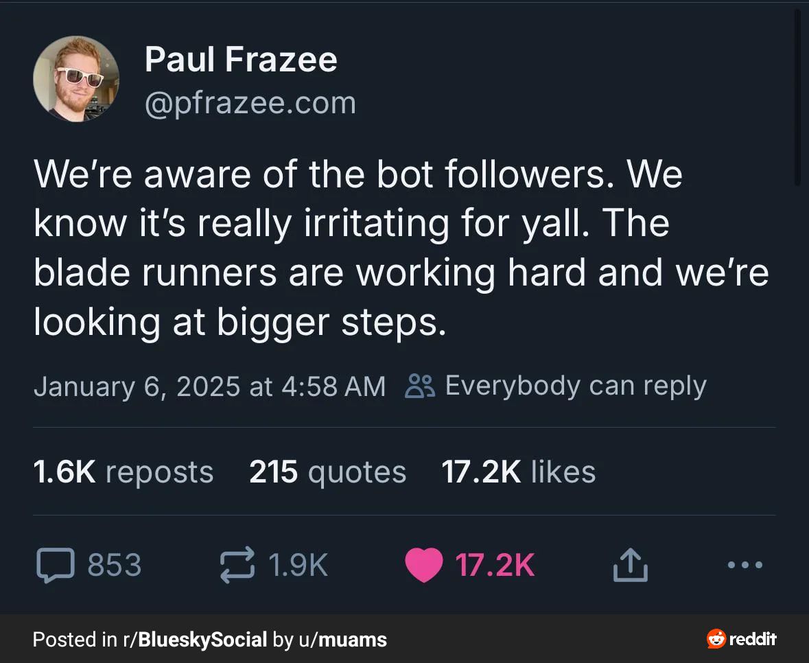 The meme is a screenshot of a Reddit post from a user named "Paul Frazee" (not actually Paul Frazee) on the r/BeAmused subreddit. The post says, "We're aware of the bot followers. We know it's really irritating for you all. The bot followers are working hard and looking at bigger steps."